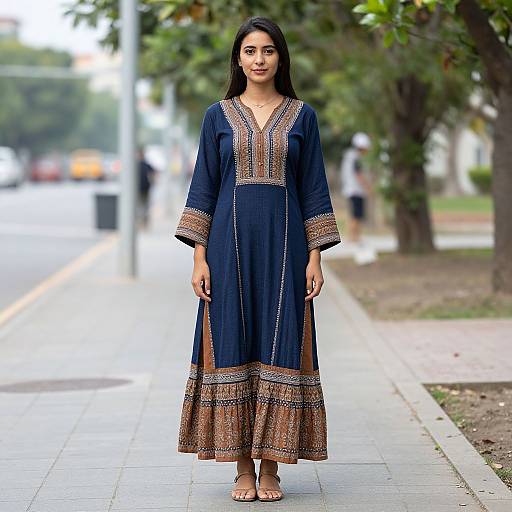 Photograph of a South Asian woman with long black hair, wearing a navy blue traditional long dress with intricate gold and brown embroidery, standing on a suburban