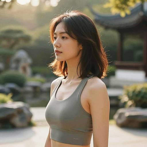 Photograph of an Asian woman with shoulder-length brown hair, wearing a grey sports bra, standing outdoors in a sunlit garden with traditional Japanese architecture in