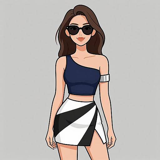 Digital illustration of a stylish woman with long brown hair, wearing black sunglasses, an asymmetrical navy top, white and black striped skirt, and a white