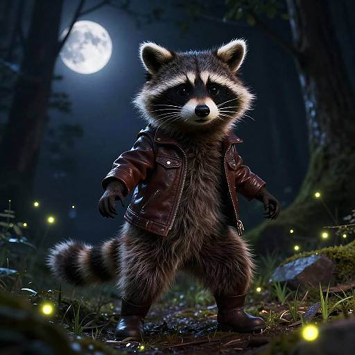 CGI image of an anthropomorphic raccoon in a brown leather jacket standing in a dark forest with glowing fireflies and a full moon in the background