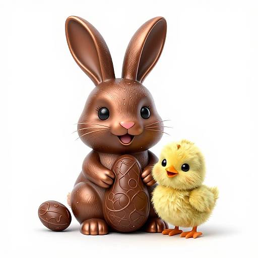 Digital illustration of a shiny brown chocolate bunny with large ears, holding a decorated egg, next to a fluffy yellow chick.