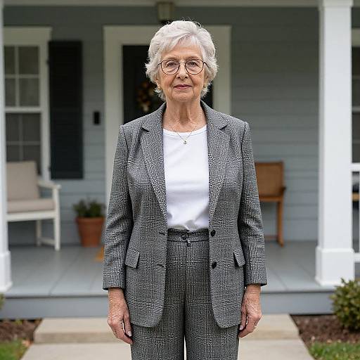 Photograph of an elderly white woman with short gray hair, glasses, wearing a gray checkered suit and white shirt, standing on a porch.