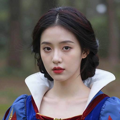 Photograph of an East Asian woman with fair skin, black hair in braids, red lipstick, wearing a blue Snow White costume with white collar,