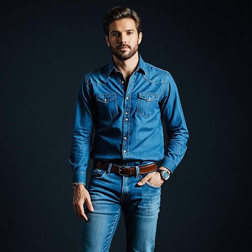 Man Wearing Denim Shirt and Jeans