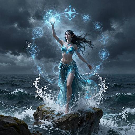 Mystical Water Genasi Mage Casting Spells