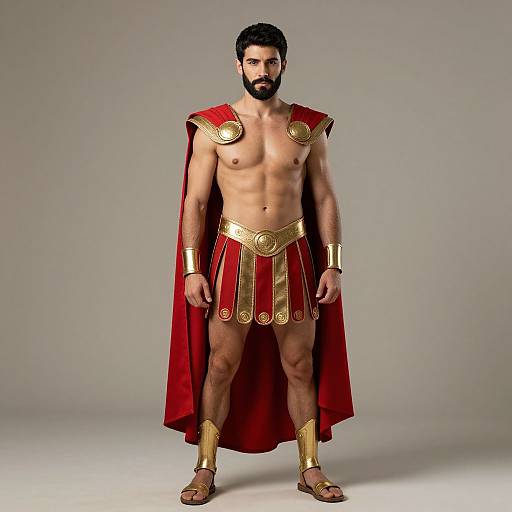 Photograph of a muscular, bearded man with dark hair, wearing a red and gold ancient Roman gladiator outfit, standing against a gray background.