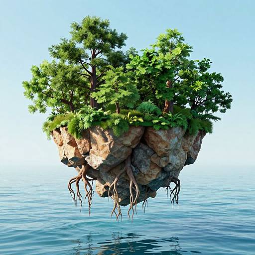 Digital artwork of a floating rock island with lush green trees and exposed roots, surrounded by calm blue water under a clear sky.