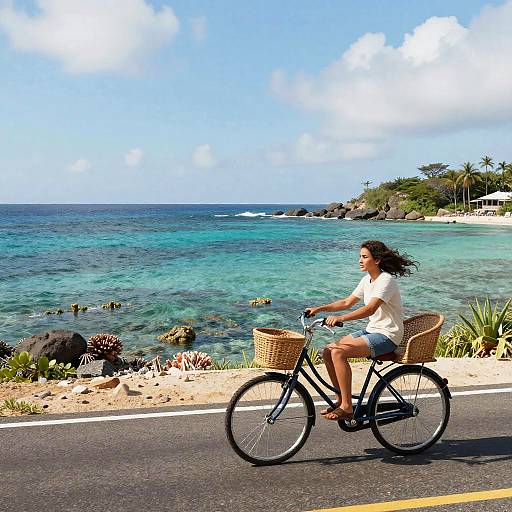 Photograph of a woman with curly hair riding a black bicycle with wicker baskets along a coastal road, turquoise ocean, and sandy beach in the background