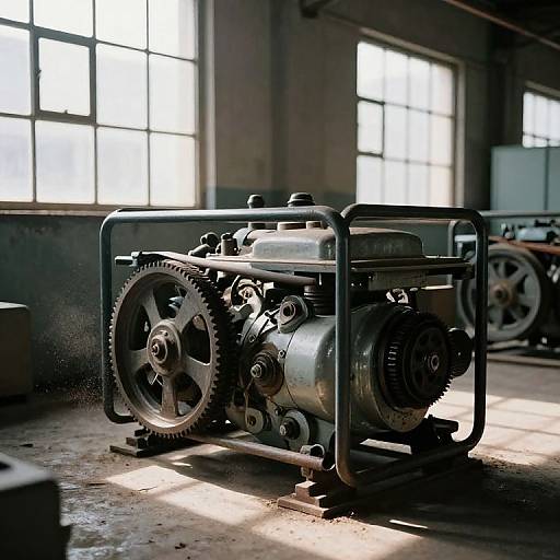 Photograph of an industrial machine with metal gears, housed in a metal frame, set in a dimly lit factory with large windows. Dust particles are