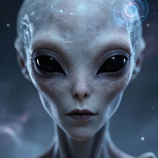 CGI alien close-up with blue-tinted skin, large black eyes, and glowing blue brain patterns on a dark, starry background.