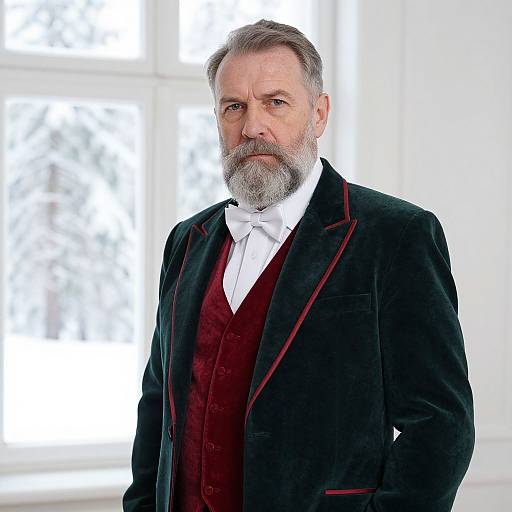 Photograph of a serious, middle-aged white man with gray beard, wearing a black velvet suit with red trim, white shirt, and red vest,