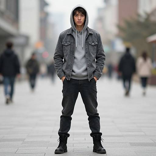 Photograph of an Asian man in a gray hoodie and denim jacket, hands in pockets, standing confidently on a blurred urban street.