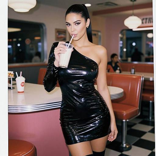 Photograph of a slim, dark-haired woman with olive skin wearing a shiny black one-shoulder mini dress, sipping a milkshake in a