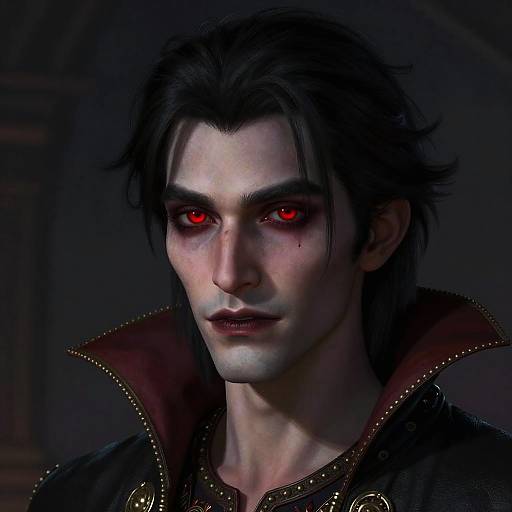 Digital portrait of a pale, dark-haired man with red glowing eyes, wearing a high-collared black jacket with gold accents, in a dark,