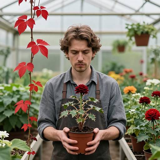 Photograph of a brown-haired man in a gray denim shirt holding a potted red dahlia plant in a greenhouse, surrounded by colorful flowers and