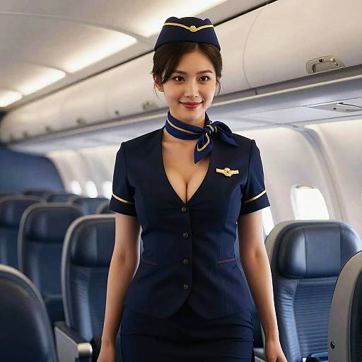 Photograph of an Asian female flight attendant with a slim build, wearing a navy blue uniform with a deep V-neck, cap, and scarf, standing