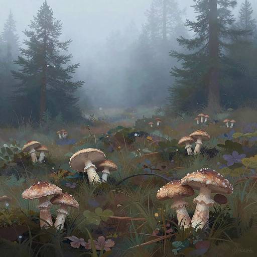 Misty Foothills with Wild Mushrooms