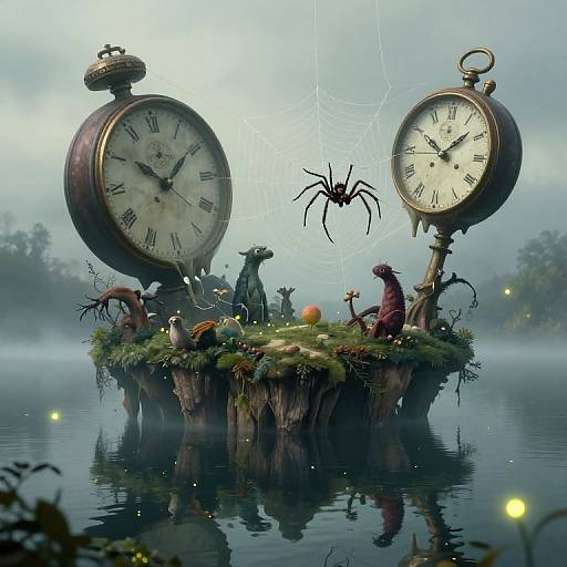 Fantasy photograph of a floating island with clock faces, spider, frogs, mushrooms, and fireflies, set in a misty lake.