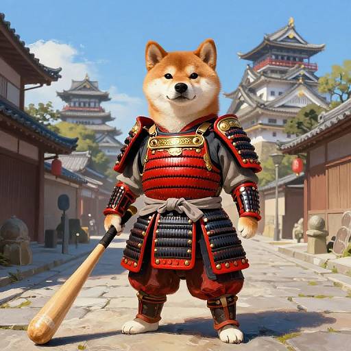 Digital artwork of a cute, brown and white Shiba Inu dog in traditional Japanese samurai armor, holding a wooden bat, standing on a sunny