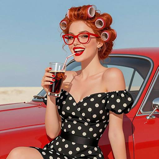Retro Woman Drinking Soda by Vintage Car