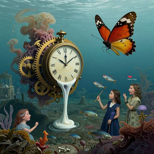 Underwater fantasy scene: two girls, one in blue dress, one in green, admire a clock-butterfly hybrid with gears, surrounded by coral