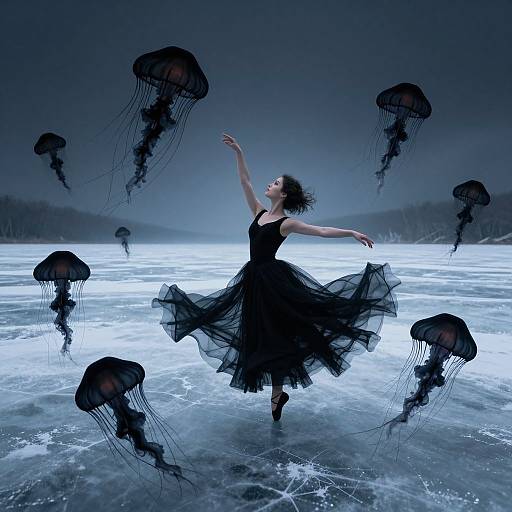 Photograph of a ballet dancer in a black, flowing dress, gracefully dancing on a frozen lake surrounded by floating black jellyfish.