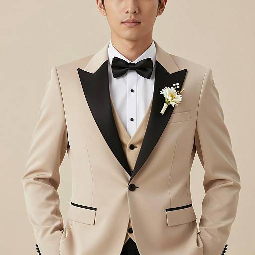 Asian Groom in Beige Satin Tuxedo