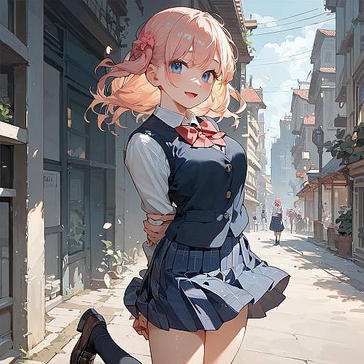 Anime Girl in School Uniform on City Street