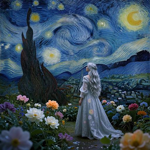 Digital painting of a woman with long white hair in a flowing gown, standing in a vibrant flower garden under a swirling, starry night sky, reminiscent