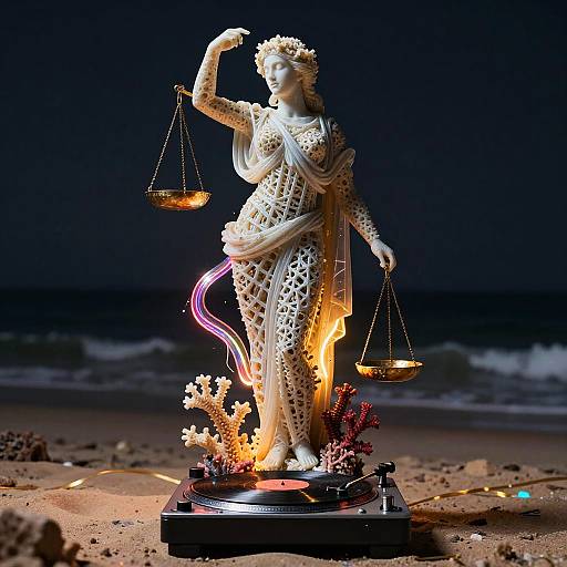 Biofabricated Coral Lattice Statue on Vinyl Turntable