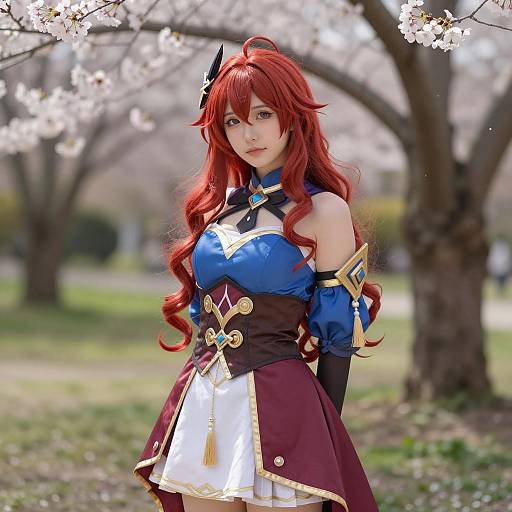 Red-haired Anime Cosplayer in Cherry Blossom Garden