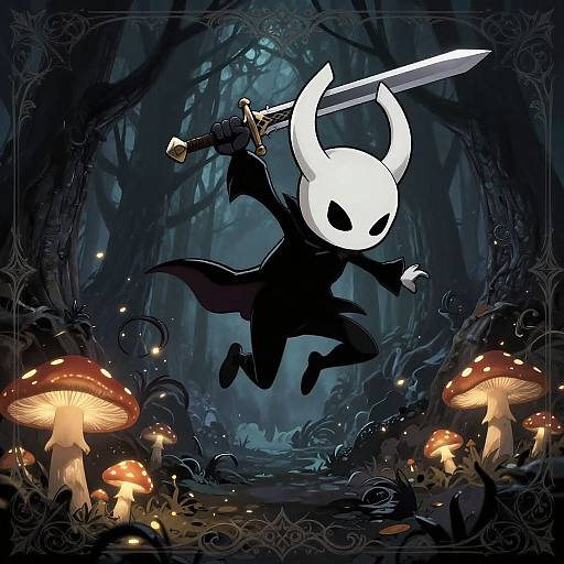 Digital art of Hollow Knight, a white-masked character with a sword, leaping in a dark, enchanted forest with glowing mushrooms.