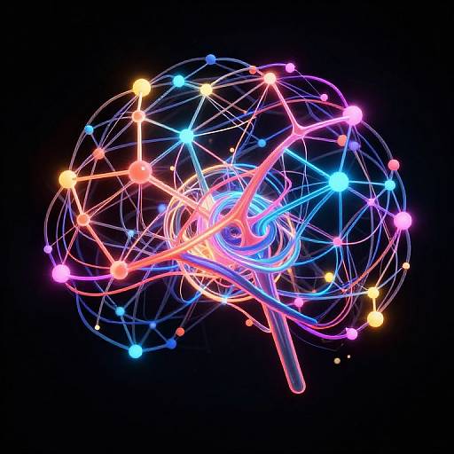 Neon-colored, abstract 3D brain diagram with vibrant blue, pink, orange, and yellow nodes and lines on a black background.