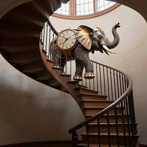 Photograph of a life-sized, intricately detailed, gray elephant with a large clock on its back, standing on a spiral wooden staircase with black rail