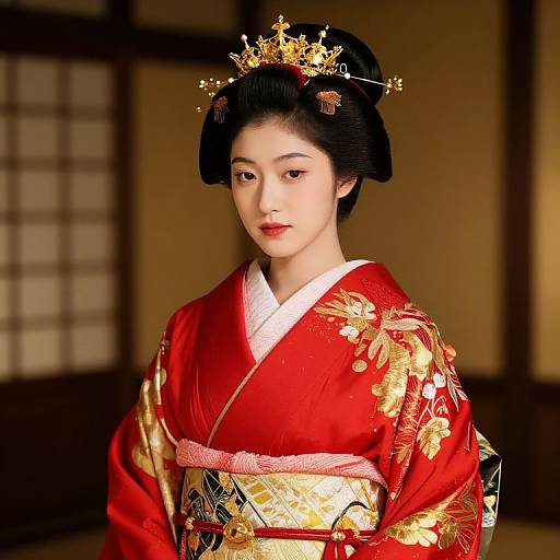 Regal Woman in Red Gold Kimono
