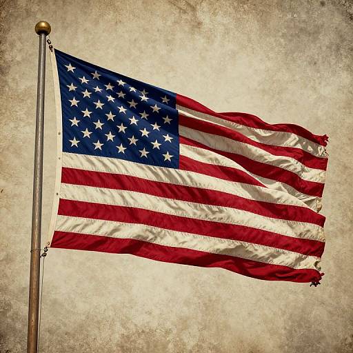 Photograph of a waving American flag with a weathered, textured beige background. The flag has 13 red and white stripes, and a blue field