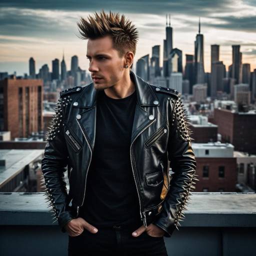 Punk Man in Studded Leather Jacket on Rooftop