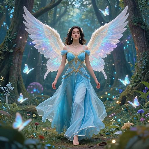 Digital artwork of a fair-skinned angelic woman with glowing blue wings, wearing a flowing blue dress, walking through a magical forest surrounded by lumines