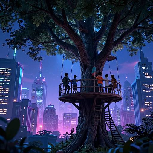 Kids in Tree Fort Overlooking Cyberpunk Cityscape