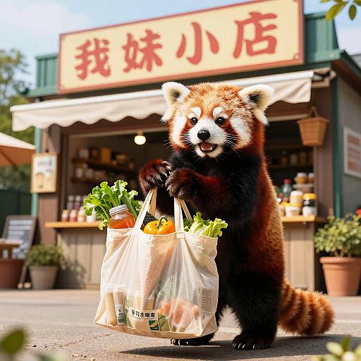 Photograph of a cute red panda holding two grocery bags filled with vegetables in front of a Japanese market stall.