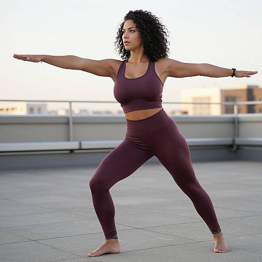 Photograph of a muscular, dark-haired woman in maroon sports bra and leggings, standing in a wide-legged yoga pose on a rooftop.