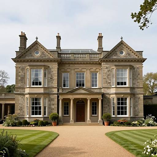 Photograph of a grand, stately two-story Georgian-style mansion with stone facade, symmetrical windows, central portico, and manicured lawn.