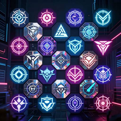 Neon-lit digital grid of glowing, futuristic, multicolored symbols and logos in a cyberpunk cityscape, featuring vibrant blue, pink,