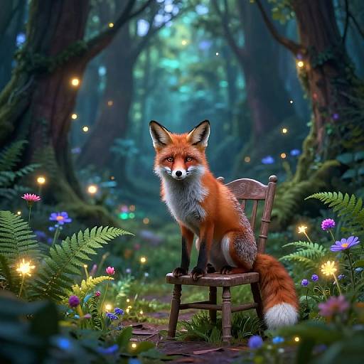 Digital illustration of a red fox with white underbelly and tail tip, sitting on a wooden chair in a mystical, enchanted forest filled with glowing fire