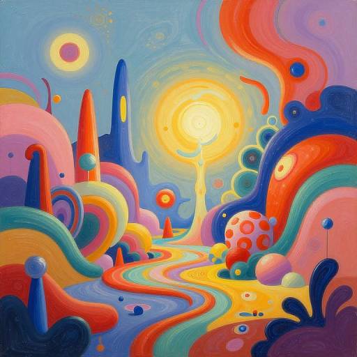 Vibrant, surreal painting of a colorful abstract landscape with swirling curves, bold colors, and a bright, glowing sun in the sky.