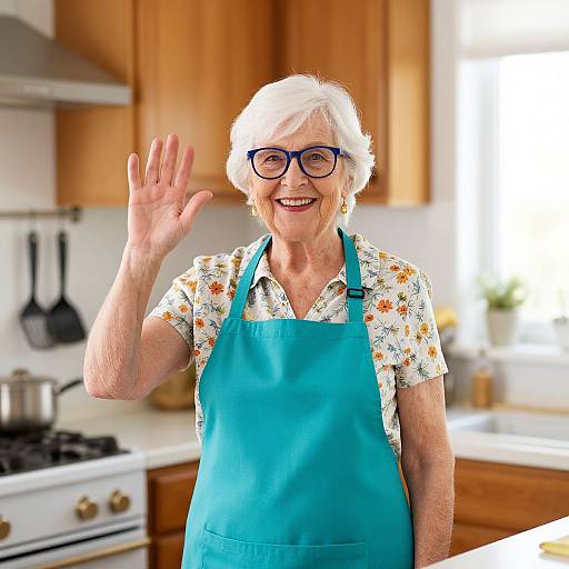 Photograph of smiling elderly white woman with short white hair, blue glasses, floral shirt, and turquoise apron, waving in bright kitchen.