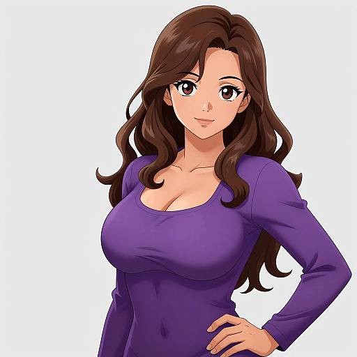 Digital anime-style drawing of a smiling woman with long brown hair, wearing a tight purple long-sleeve top, highlighting her large breasts, white background