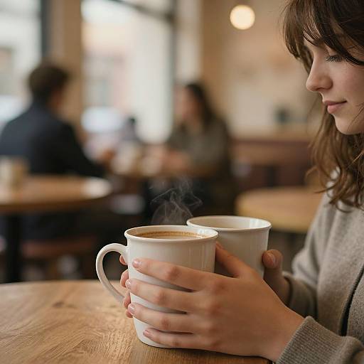 Photograph of a young woman with brown hair, wearing a gray sweater, holding two white, steaming cups of coffee at a wooden table in a