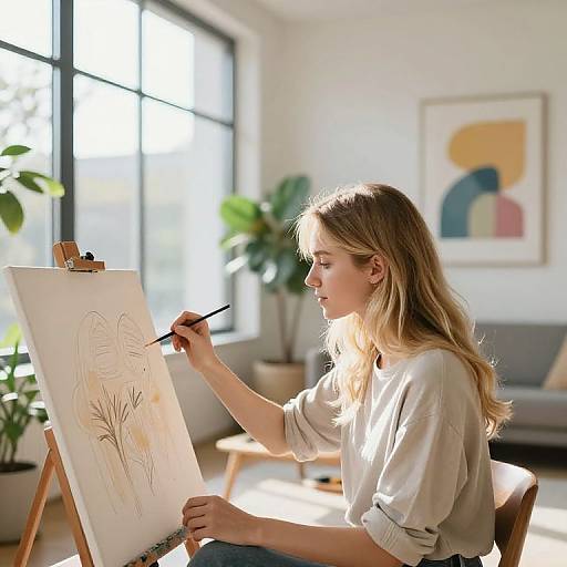 Photograph of a blonde woman in a white shirt, sketching abstract flowers on an easel in a sunlit, modern studio.