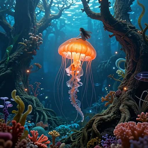 Girl Riding Luminous Jellyfish Underwater
